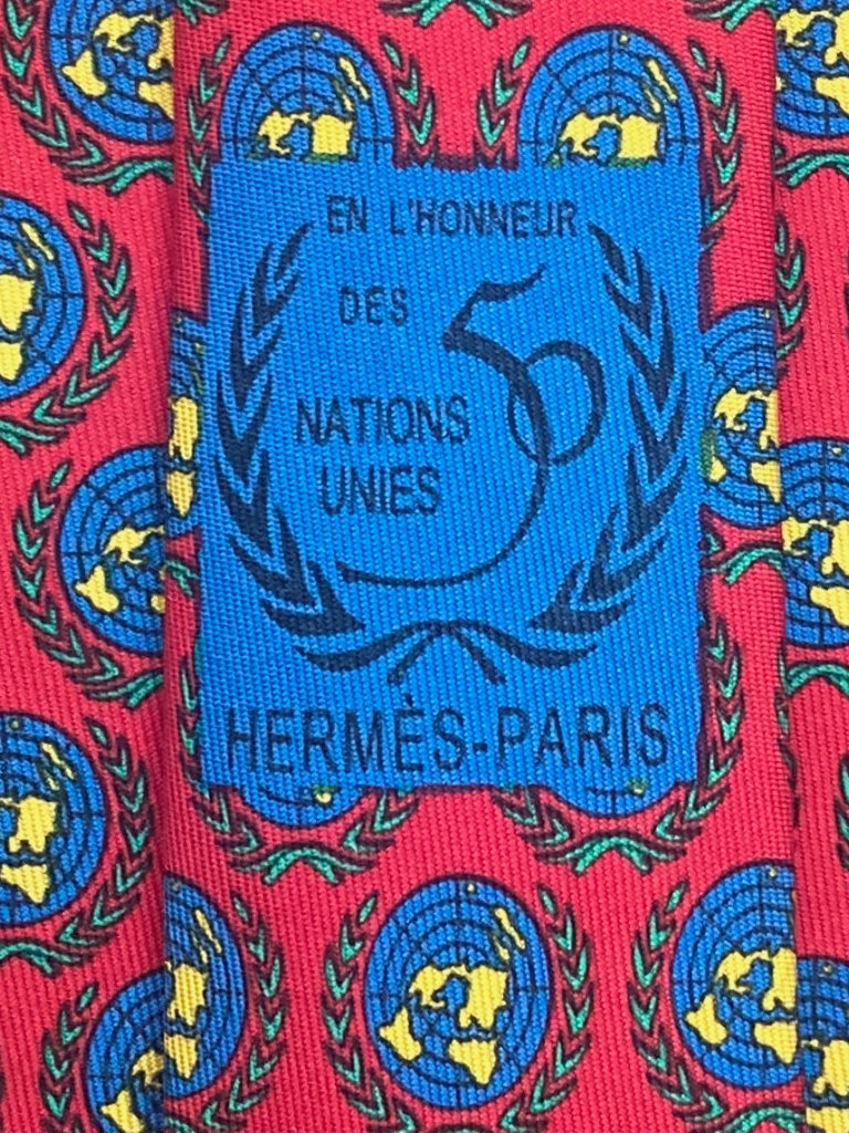 Mint Ltd Rare Hermes Tie ~ Red United Nations Logo ~ Globe & Olive Leaves